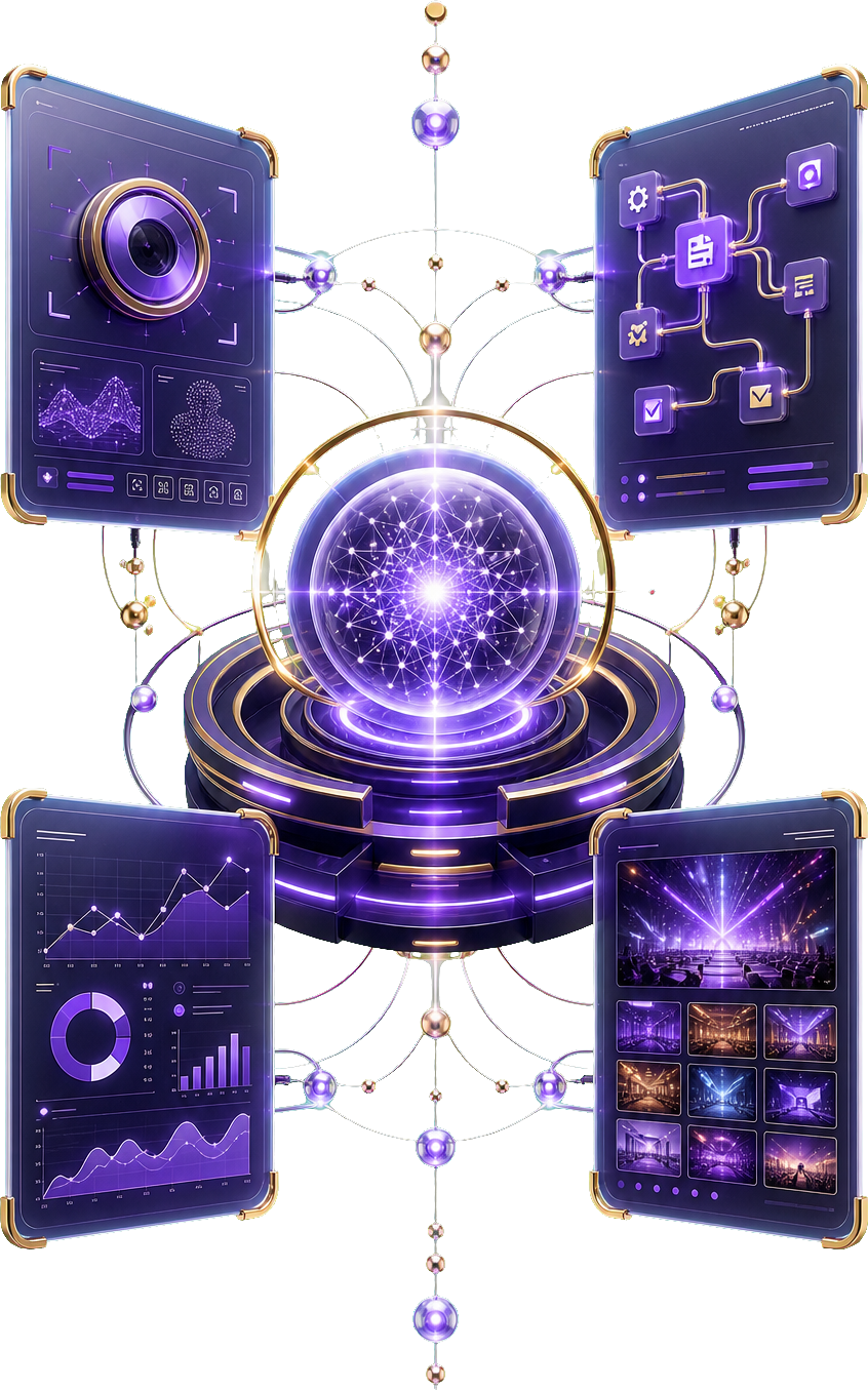 AuraFrame AI product ecosystem spanning vision, automation, analytics and event experiences